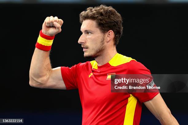 Pablo Carreno Busta of Spain celebrates match point in his semi final match against Jan Zielinski of Poland during the day seven 2022 ATP Cup tie...