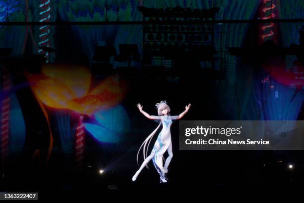 Hologram projection of virtual singer Luo Tianyi sings a song called 'Time to Shine' during the Meet in Beijing Olympic Culture Festival & the 22nd...