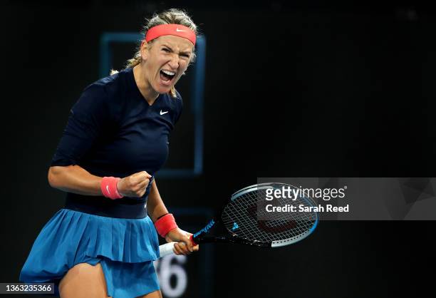 Victoria Azarenka from Belarus celebrates a point against Iga Swiatek of Poland during day six of the 2022 Adelaide International at Memorial Drive...