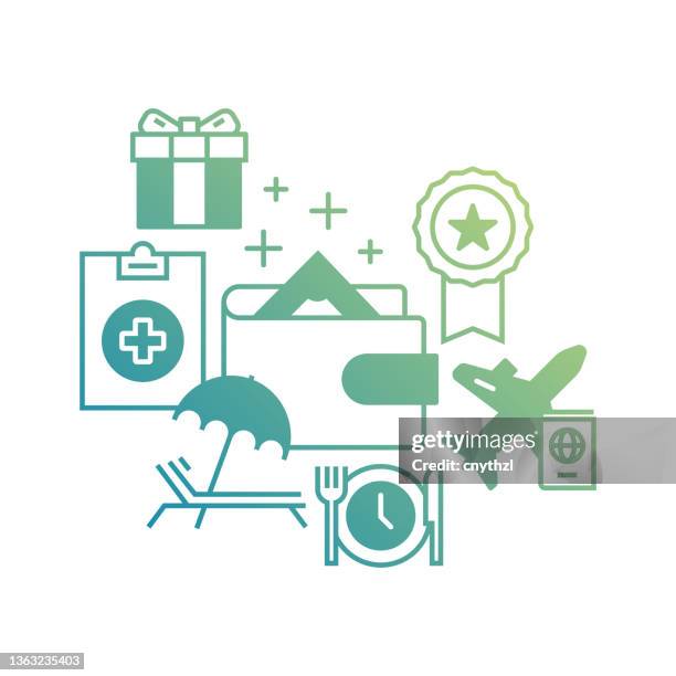 vector set of illustration employee benefits concept. line art style background design for web page, banner, poster, print etc. vector illustration. - perks stock illustrations