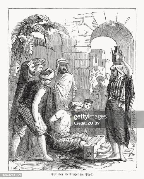 ein syrischer verbrecher am pranger, holzstich, veröffentlicht 1862 - syria torture stock-grafiken, -clipart, -cartoons und -symbole