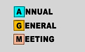 AGM - Annual general meeting abbreviation on gray background. Business concept