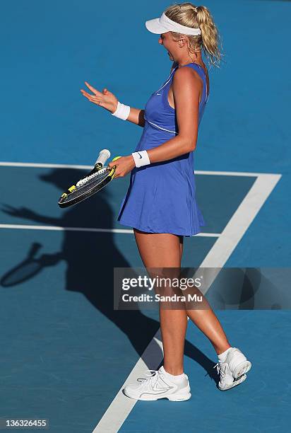 Sacha Jones of New Zealand is in pain with an injury during her match against Elena Baltacha of Great Britain during day one of the 2012 ASB Classic...