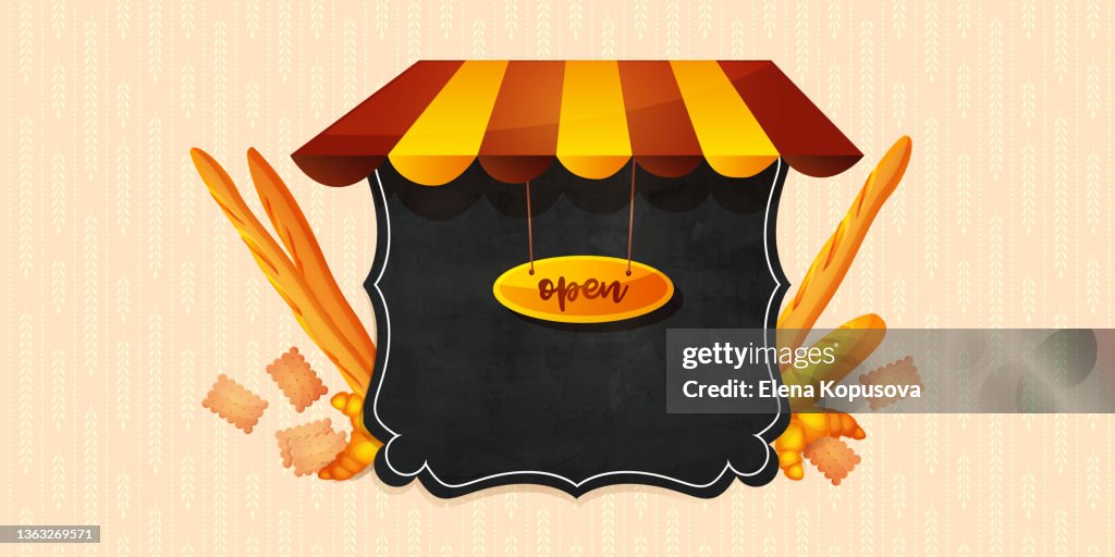 Bakery concept. Shop window with bakery products in cartoon style on an colored abstract background. Graphic vector illustration in EPS 10 format.