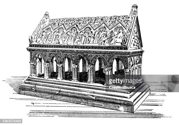 ilustraciones, imágenes clip art, dibujos animados e iconos de stock de ilustración antigua: tumba de saint-etienne - rouen