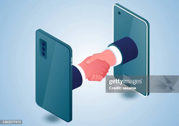 two hands stretched out inside the smartphone to shake hands to reach an agreement, online electronic agreement - meet and greet stock illustrations