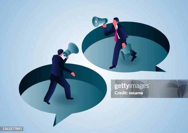 communicating, two businessmen holding megaphones standing inside a speech bubble having a conversation - truth be told 幅插畫檔、美工圖案、卡通及圖標