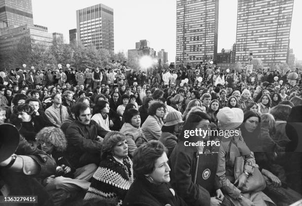 Demonstration outside the headquarters of the United Nations in New York City, USA, during a conference on energy, 1978.