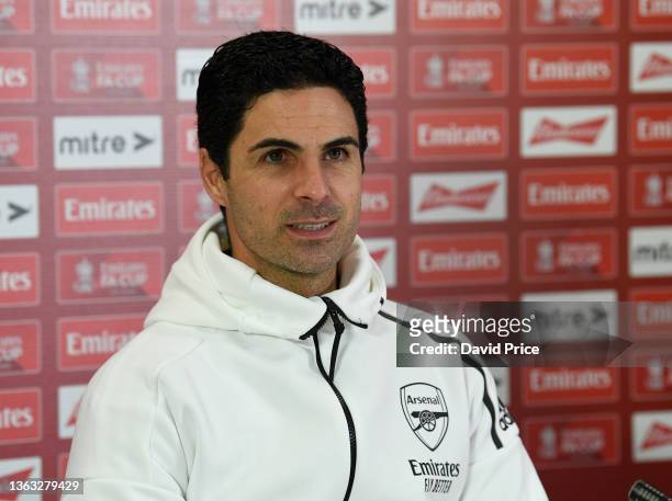 Mikel Arteta the Arsenal Manager speaks during his press conference at the Arsenal Training Ground at London Colney on January 07, 2022 in St Albans,...