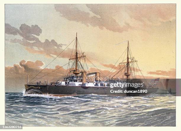 ilustraciones, imágenes clip art, dibujos animados e iconos de stock de buque de guerra victoriano de la marina real británica, hms undaunted, crucero blindado clase orlando - vintage steamship