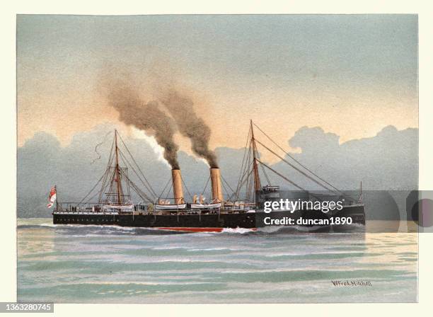 ilustraciones, imágenes clip art, dibujos animados e iconos de stock de buque de guerra victoriano de la marina real británica, hms latona, crucero protegido clase apolo - vintage steamship