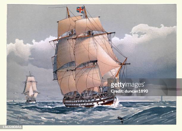 british royal navy warship, 74 gun ship of the line, 1794, late 18th century - english stock illustrations