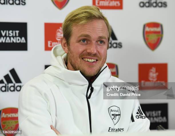 Jonas Eidevall the Arsenal Women's Head Coach speaks during his press conference at the Arsenal Training Ground at London Colney on January 07, 2022...