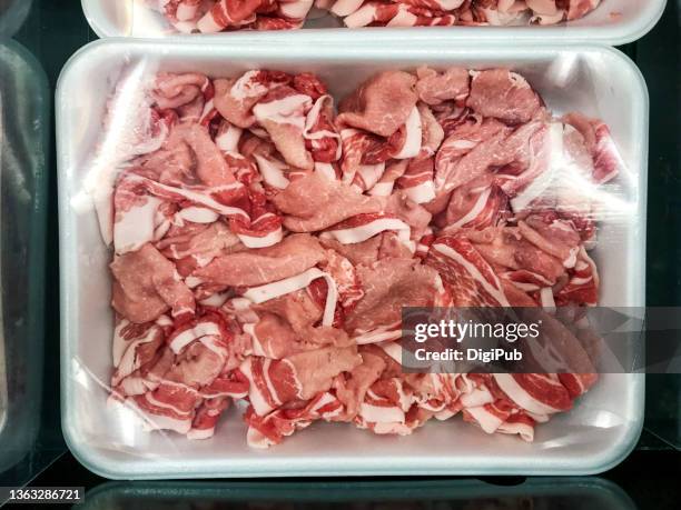 sliced raw pork wrapped with strech film - fresh meat film stock pictures, royalty-free photos & images