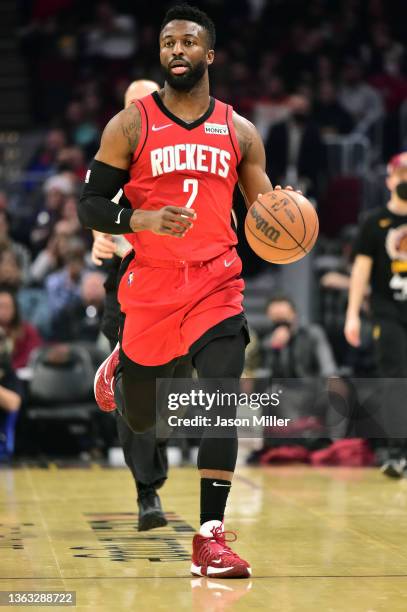 David Nwaba of the Houston Rockets brings the ball up court during the first half against the Cleveland Cavaliers at Rocket Mortgage Fieldhouse on...