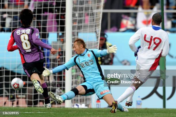 Lucas of FC Tokyo scores their third goal during the Emperor's Cup Final match between Kyoto Sanga and FC Tokyo at the National Stadium on January 1,...
