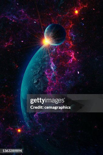 Escena espacial abstracta de galaxia renderizada en 3D con planetas y estrellas brillantes en nebulosas Escena espacial abstracta de galaxia renderizada en 3D con planetas y estrellas brillantes en nebulosas
