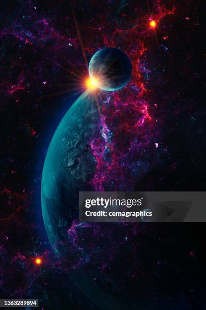 3d rendered galaxy abstract space scene with planets and glowing stars on nebulae - galaxy background imagens e fotografias de stock