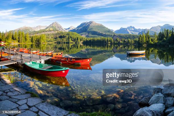 summer holiday morning at the strbske pleso mountain lake, slovakia - slovakia stock pictures, royalty-free photos & images