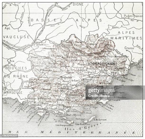 ilustrações, clipart, desenhos animados e ícones de mapa francês antigo de var (département) - cote dazur