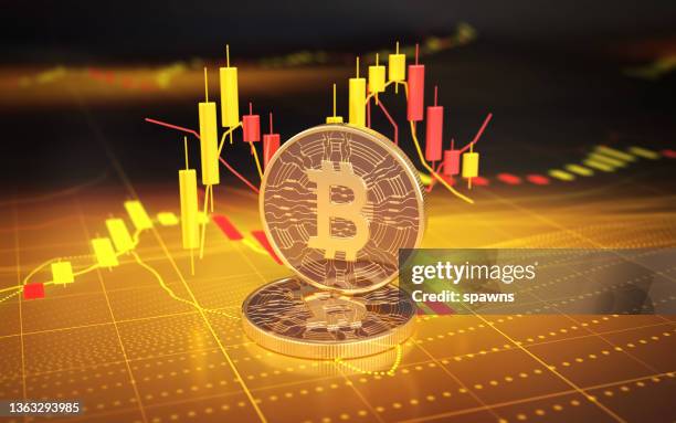 bitcoin crypto currency on digital graphic background - bitcoin trading stock pictures, royalty-free photos & images