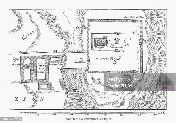 ilustrações de stock, clip art, desenhos animados e ícones de plan of solomon's temple in jerusalem, wood engraving, published 1862 - templo de jerusalém