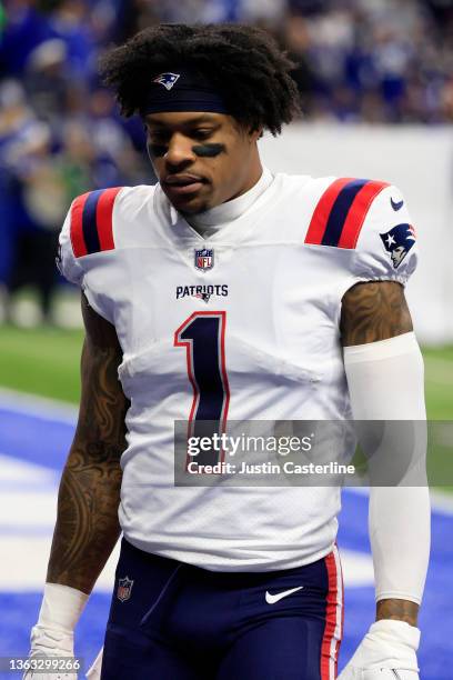 Keal Harry of the New England Patriots walks off the field at halftime in the game against the Indianapolis Colts at Lucas Oil Stadium on December...