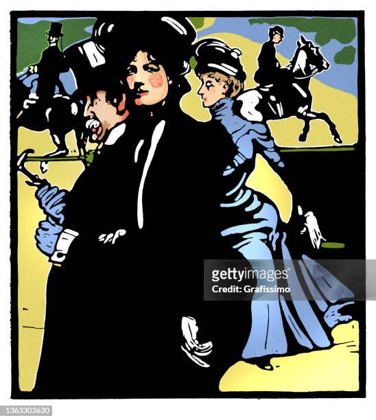 stockillustraties, clipart, cartoons en iconen met high society couple walking in hyde park art nouveau drawing 1899 - 1890 1899