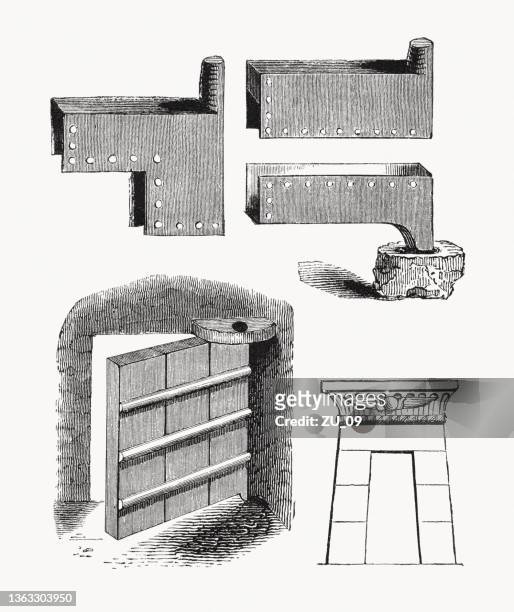 ancient egyptian doors and hinges, wood engravings, published in 1862 - revolving door stock illustrations