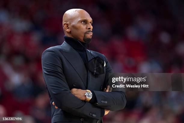 Head Coach Jerry Stackhouse of the Vanderbilt Commodores watches his team during a game against the Arkansas Razorbacks at Bud Walton Arena on...