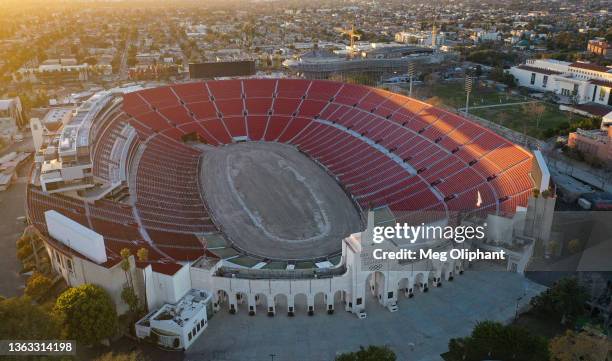 Aerial view of the Los Angeles Coliseum under construction for the NASCAR Busch Light Clash at the Coliseum, on December 31, 2021 in Los Angeles,...