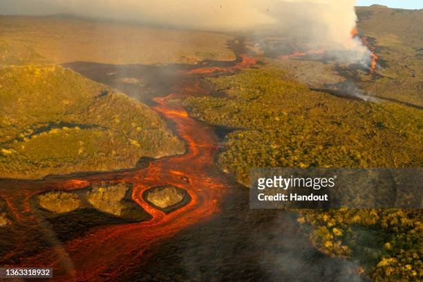 Aerial view as lava flows down after the eruption of Wolf volcano on January 7, 2022 in Galapagos Islands, Ecuador. Wolf volcano, the tallest...