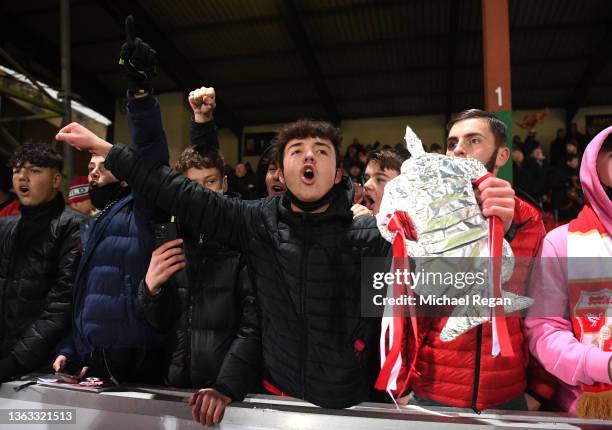 Fan holds a tin foil FA Cup during the Emirates FA Cup Third Round match between Swindon Town and Manchester City at County Ground on January 07,...