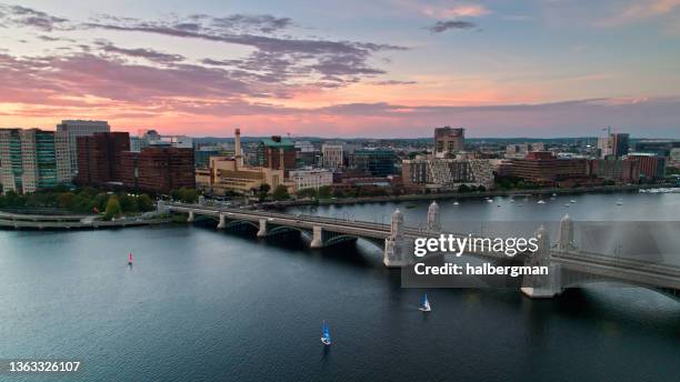 colorful sunset in cambridge, ma - aerial - cambridge massachusetts imagens e fotografias de stock