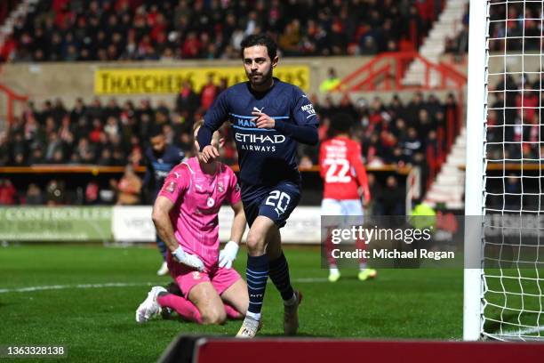 Bernardo Silva of Manchester City celebrates after scoring their sides first goal during the Emirates FA Cup Third Round match between Swindon Town...