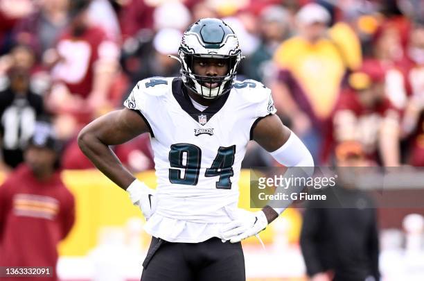 Josh Sweat of the Philadelphia Eagles rests during a break in the game against the Washington Football Team at FedExField on January 02, 2022 in...
