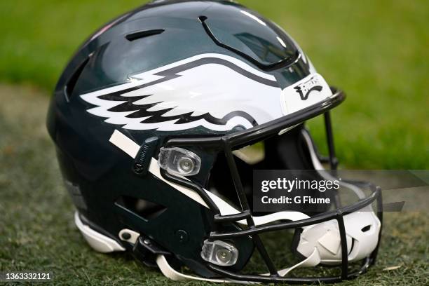 Philadelphia Eagles helmet on the sideline during the game against the Washington Football Team at FedExField on January 02, 2022 in Landover,...