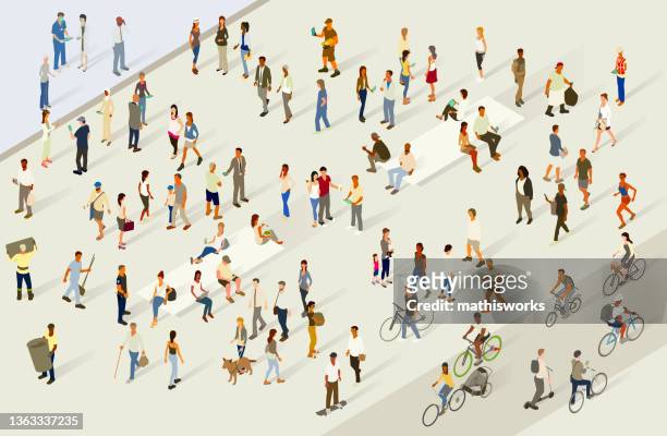 crowded scene bustling with people - illustration stock illustrations