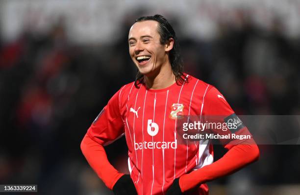 Harry McKirdy of Swindon Town smiles at full-time during the Emirates FA Cup Third Round match between Swindon Town and Manchester City at County...