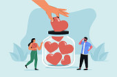 Support concept, flat tiny volunteer persons vector illustration. Donation jar collecting heart symbols, giving hand