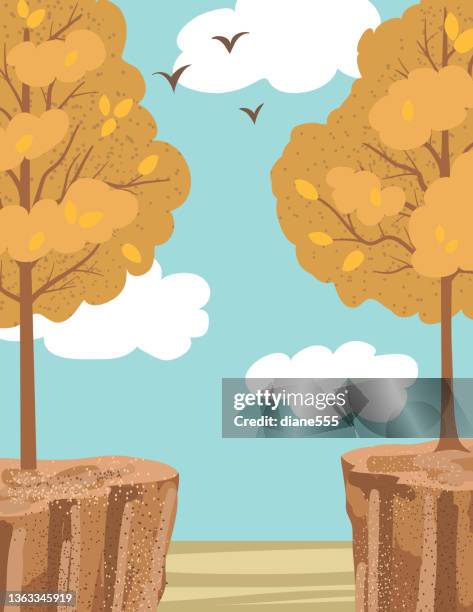 stockillustraties, clipart, cartoons en iconen met autumn trees on a cliff with a blue sky in flat colors - sky and trees green leaf illustration