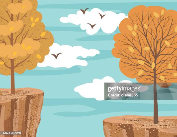 stockillustraties, clipart, cartoons en iconen met autumn trees on a cliff with a blue sky in flat colors - sky and trees green leaf illustration