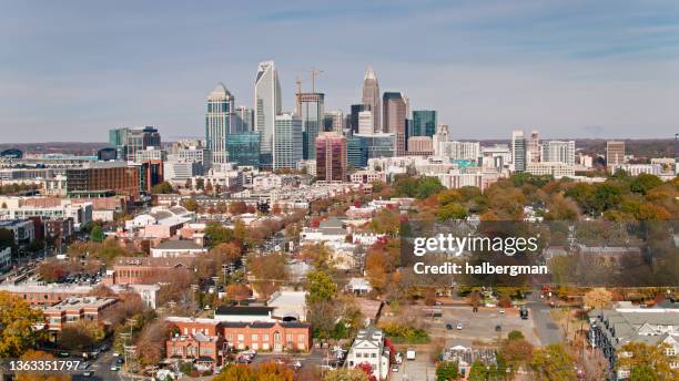 south end and uptown charlotte - aerial - charlotte north carolina neighborhood stock pictures, royalty-free photos & images