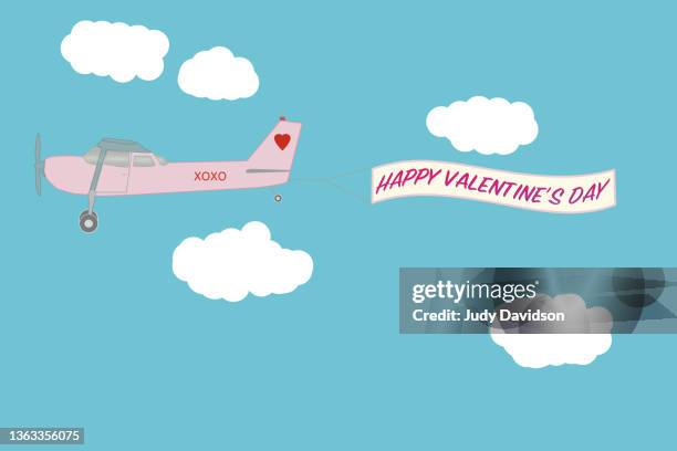 cartoon illustration of a pink cesna plane towing a happy valentine's day banner - funny gifts stock-fotos und bilder