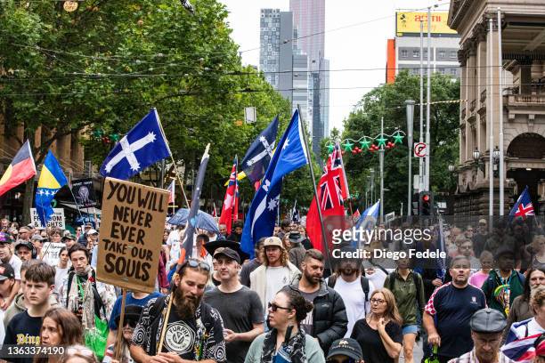 Anti-vaccine protesters rally on January 08, 2022 in Melbourne, Australia. Victoria has recorded over 50,000 Covid-19 Cases in one day as rapid...