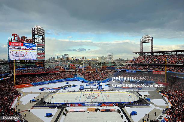 The Philadelphia Flyers take on the New York Rangers during the 2012 Bridgestone NHL Winter Classic at Citizens Bank Park on January 2, 2012 in...