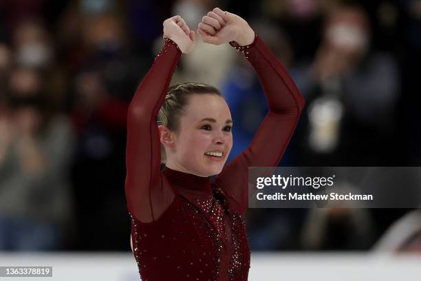 Mariah Bell reacts after skating in the Ladies Free Skate during the U.S. Figure Skating Championships at Bridgestone Arena on January 07, 2022 in...