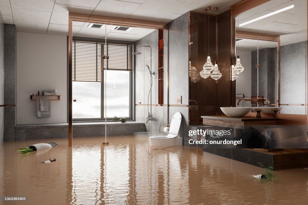 Überflutetes Badezimmer mit Topfpflanzen, die auf dem Wasser schwimmen