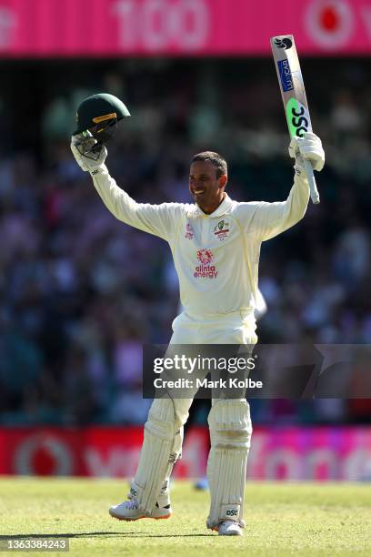 Usman Khawaja of Australia celebrates his century during day four of the Fourth Test Match in the Ashes series between Australia and England at...