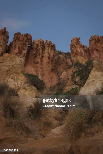 dramatic sea cliffs at half moon bay, black rock - melbourne, australia - red bluff stock pictures, royalty-free photos & images